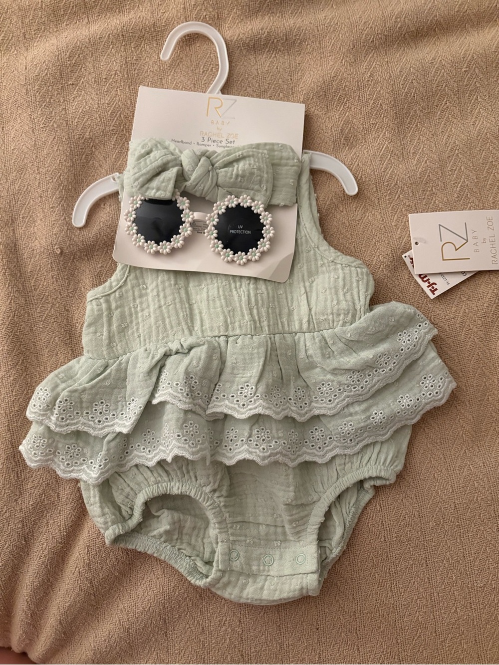 Rachel Zoe Sage Green Ruffle Baby Romper with Headband & Sunglasses